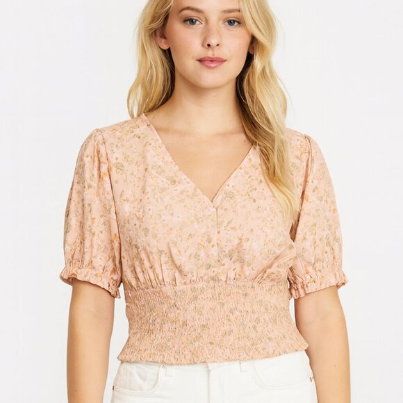 Madden Girl Tops - Madden Girl Ditsy Peach Floral Smocked V Neck Puff Sleeve Blouse